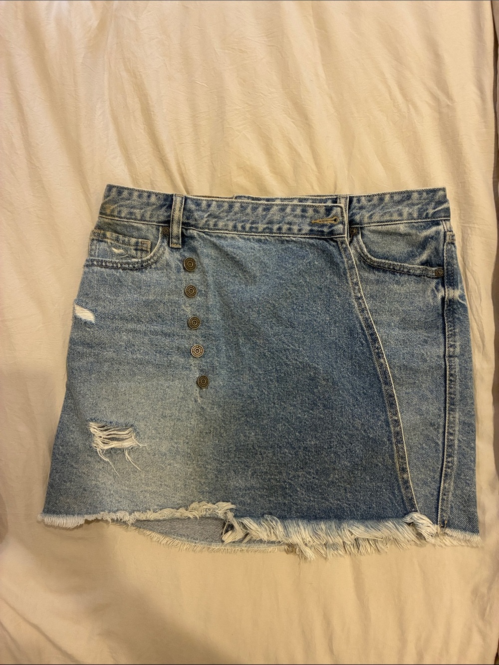 Light Blue Distressed Denim Mini Skirt with Button Front